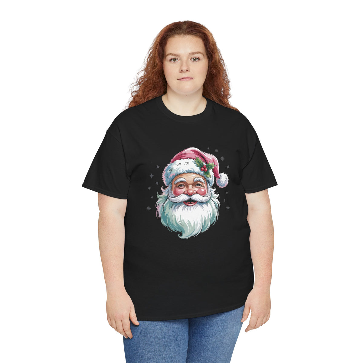 Model wearing the black Pink Retro Christmas Santa T-Shirt