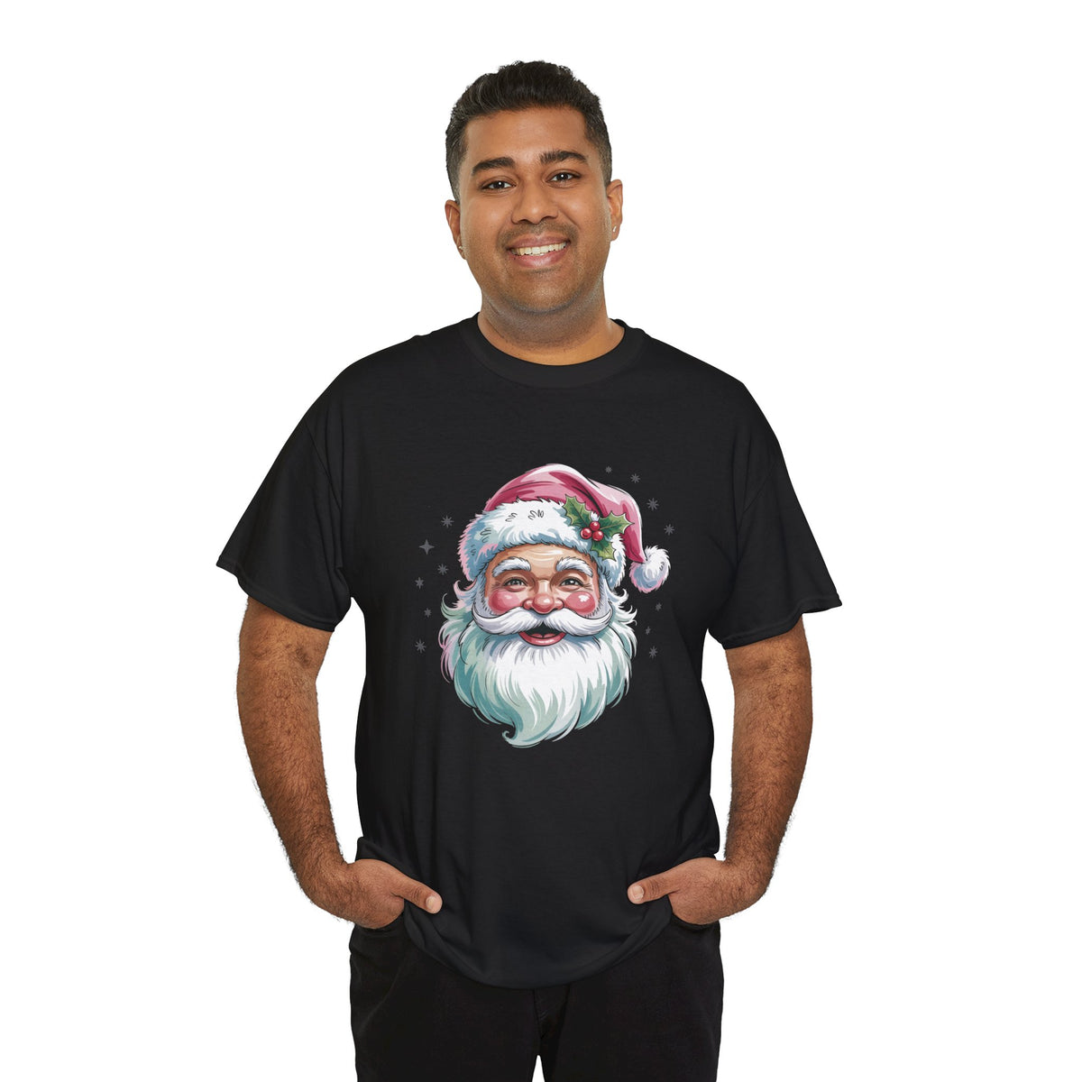 Model wearing the black Pink Retro Christmas Santa T-Shirt