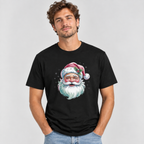 Man wearing the black Pink Retro Christmas Santa T-Shirt with jeans
