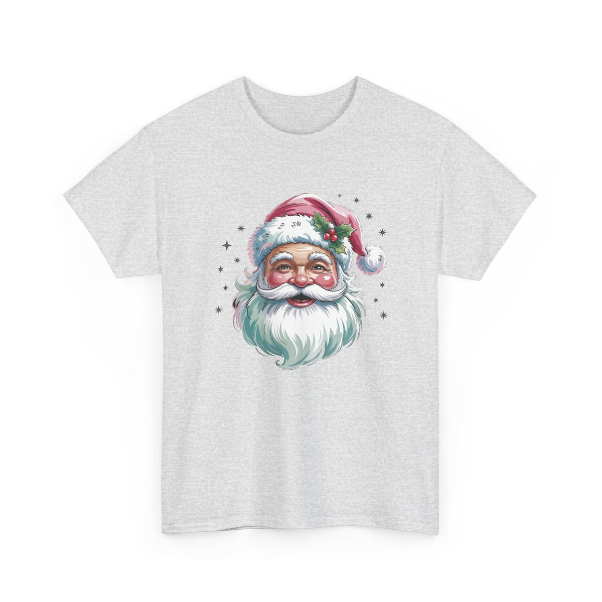 Ash Pink Retro Christmas Santa t-shirt with a watercolor Santa face in a pink hat, front view