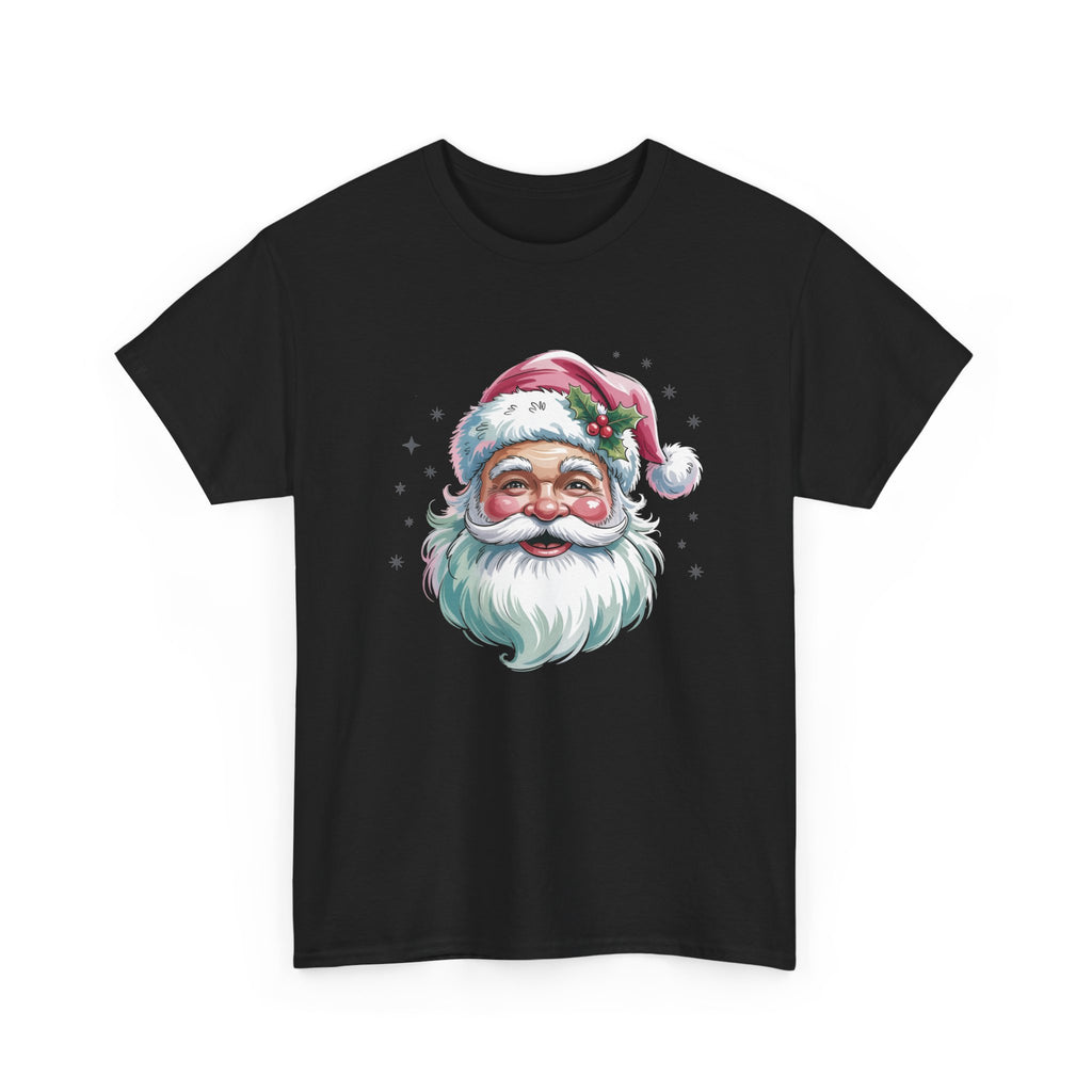 Black Pink Retro Christmas Santa t-shirt with a watercolor Santa face in a pink hat, front view