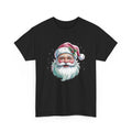 Black Pink Retro Christmas Santa t-shirt with a watercolor Santa face in a pink hat, front view