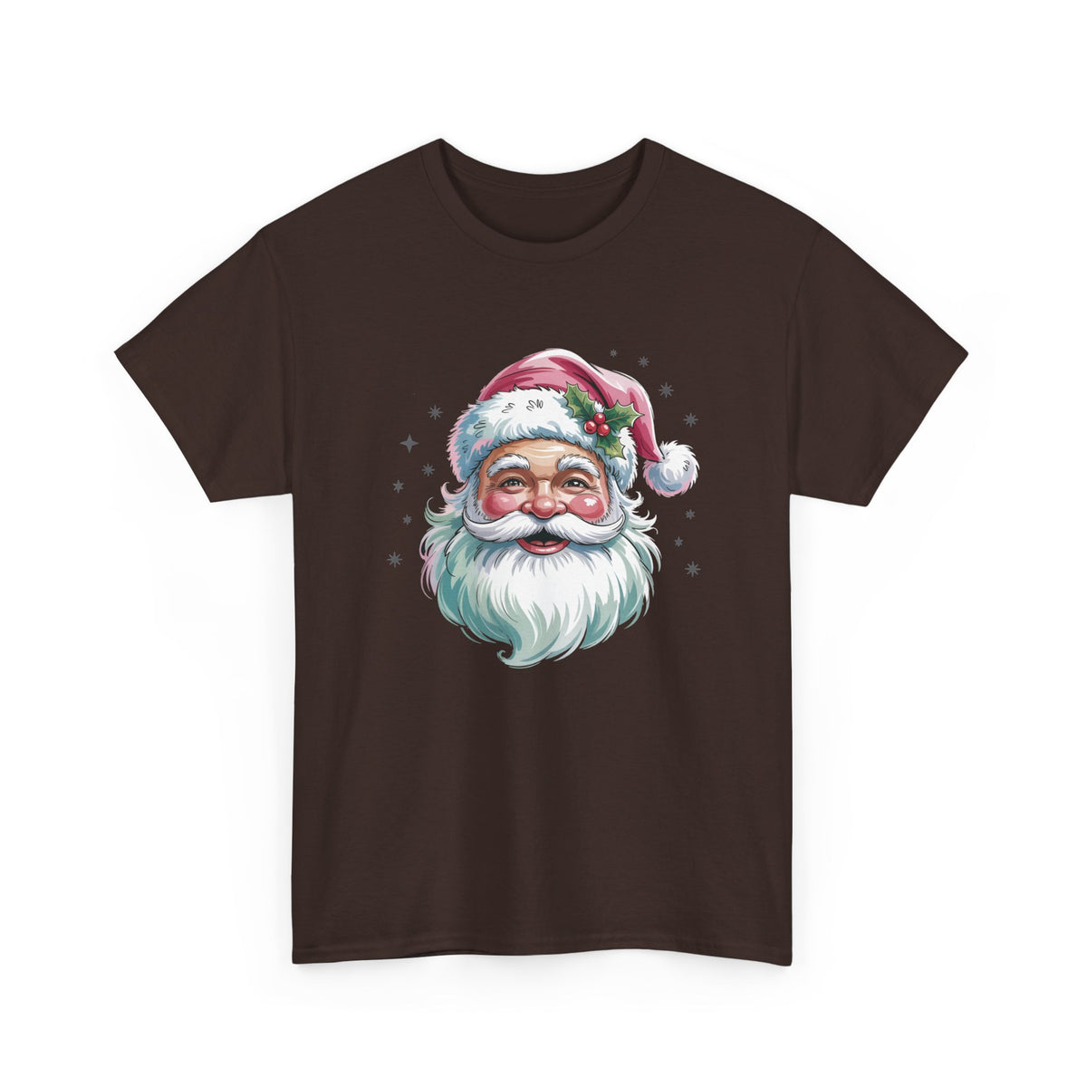 Dark Chocolate Pink Retro Christmas Santa t-shirt with a watercolor Santa face in a pink hat, front view