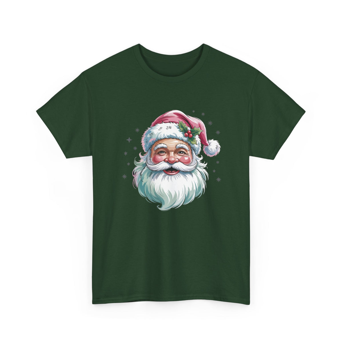 Forest Green Pink Retro Christmas Santa t-shirt with a watercolor Santa face in a pink hat, front view