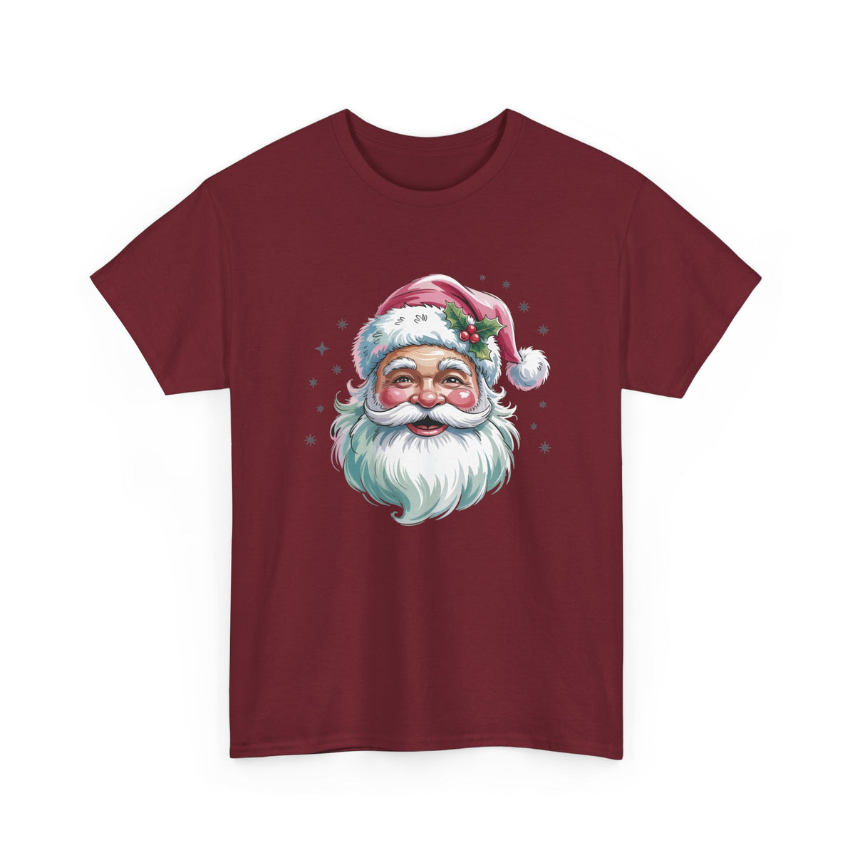 Garnet Pink Retro Christmas Santa t-shirt with a watercolor Santa face in a pink hat, front view
