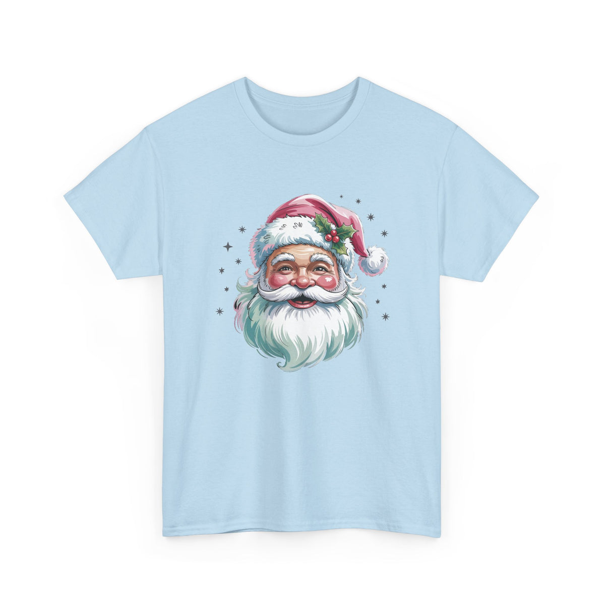 Light Blue Pink Retro Christmas Santa t-shirt with a watercolor Santa face in a pink hat, front view