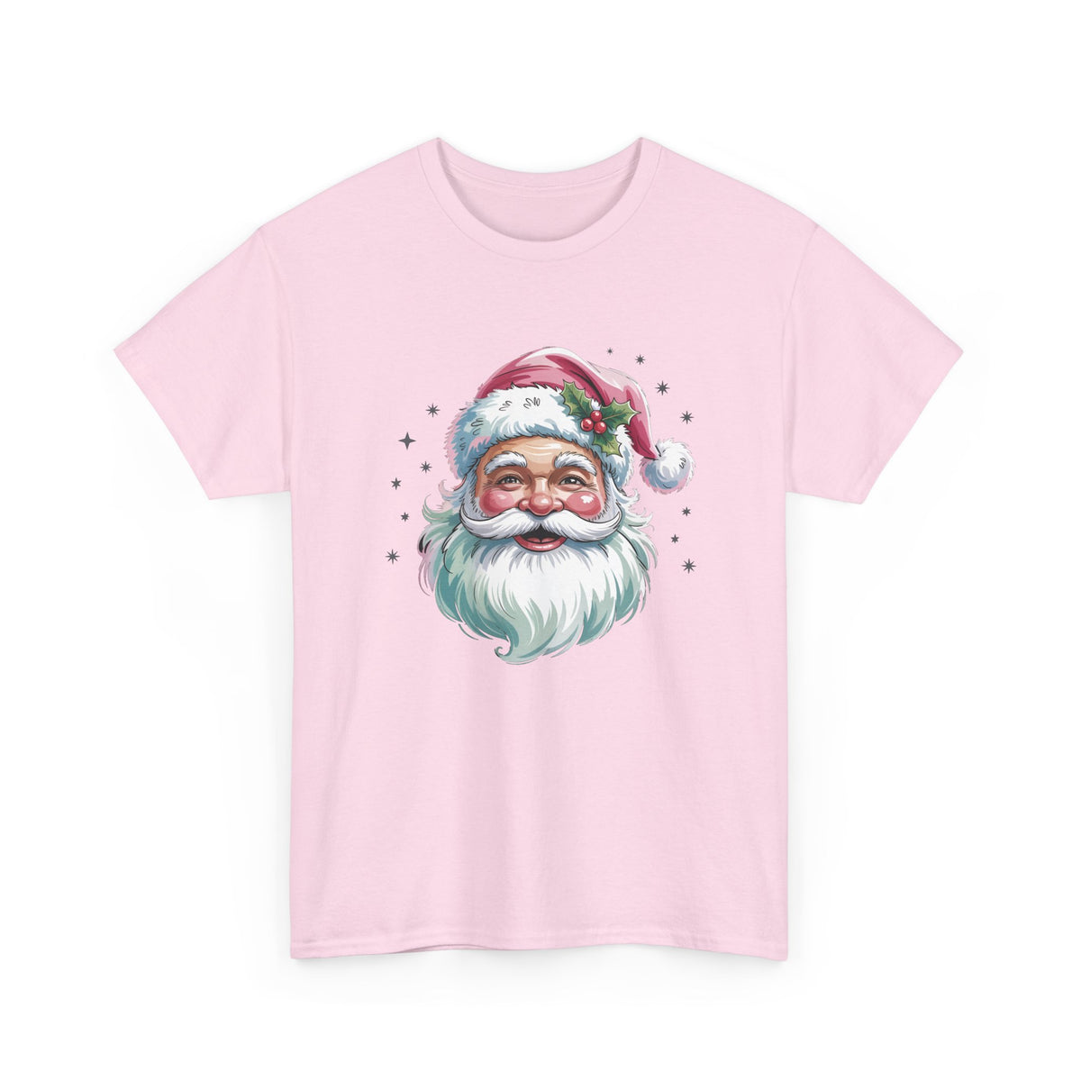 Light Pink Pink Retro Christmas Santa t-shirt with a watercolor Santa face in a pink hat, front view
