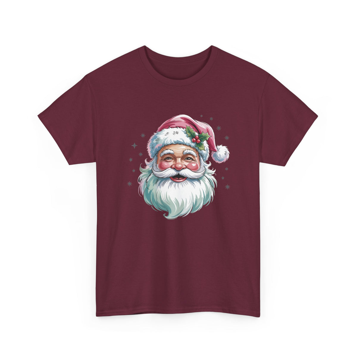 Maroon Pink Retro Christmas Santa t-shirt with a watercolor Santa face in a pink hat, front view