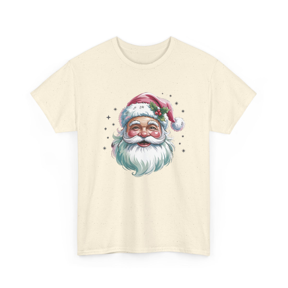 Natural Pink Retro Christmas Santa t-shirt with a watercolor Santa face in a pink hat, front view