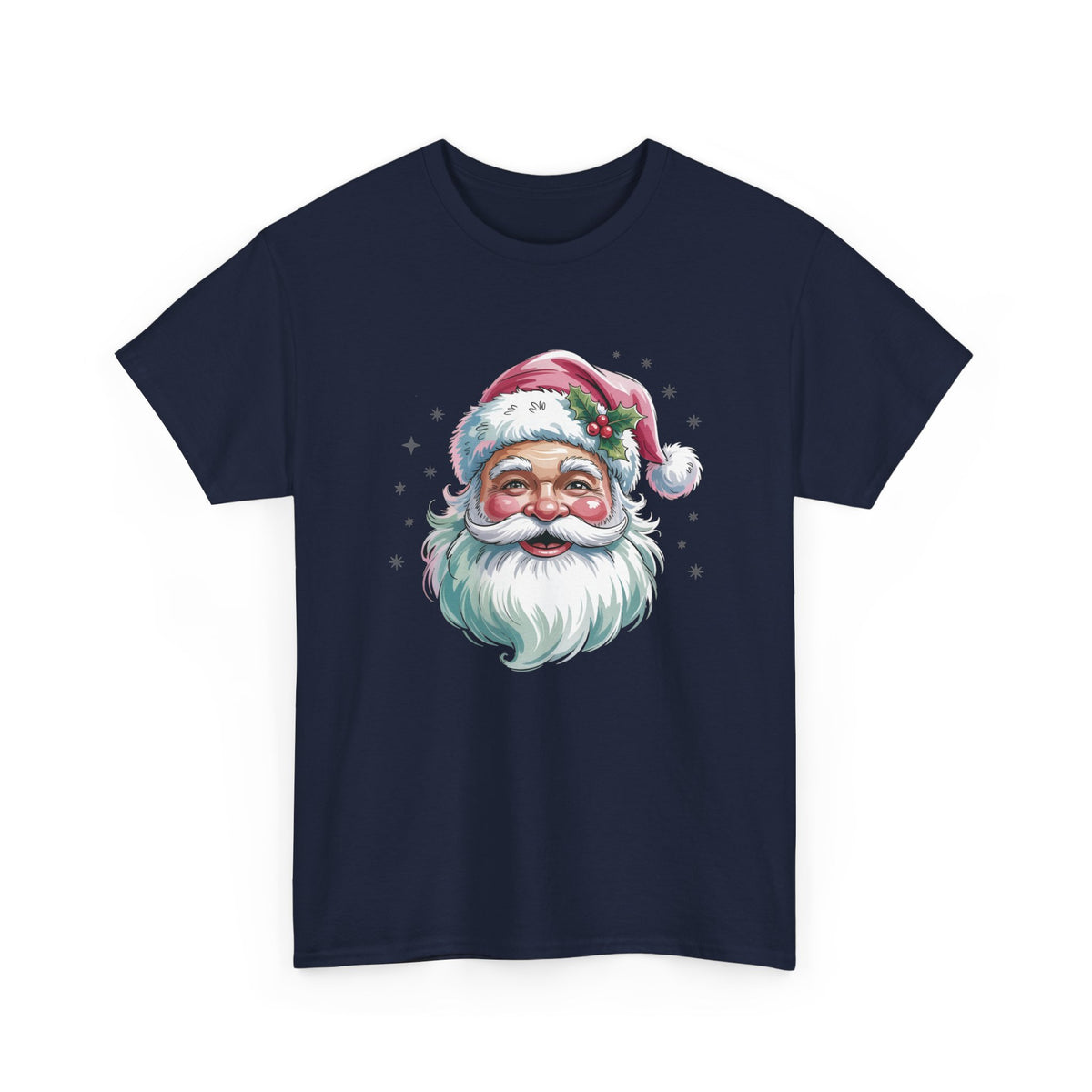 Navy Pink Retro Christmas Santa t-shirt with a watercolor Santa face in a pink hat, front view