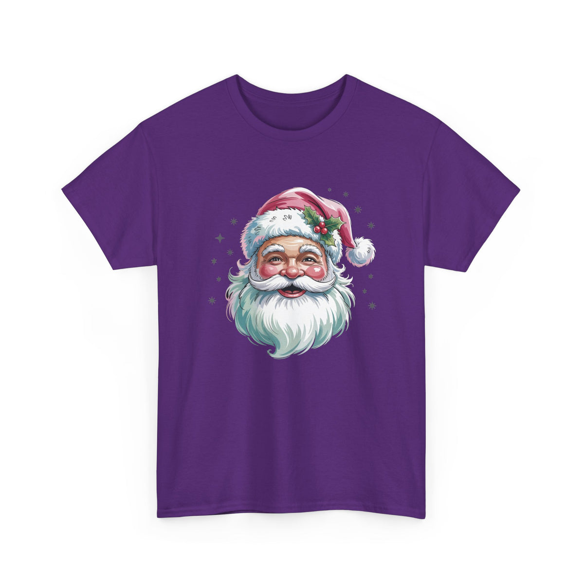 Purple Pink Retro Christmas Santa t-shirt with a watercolor Santa face in a pink hat, front view