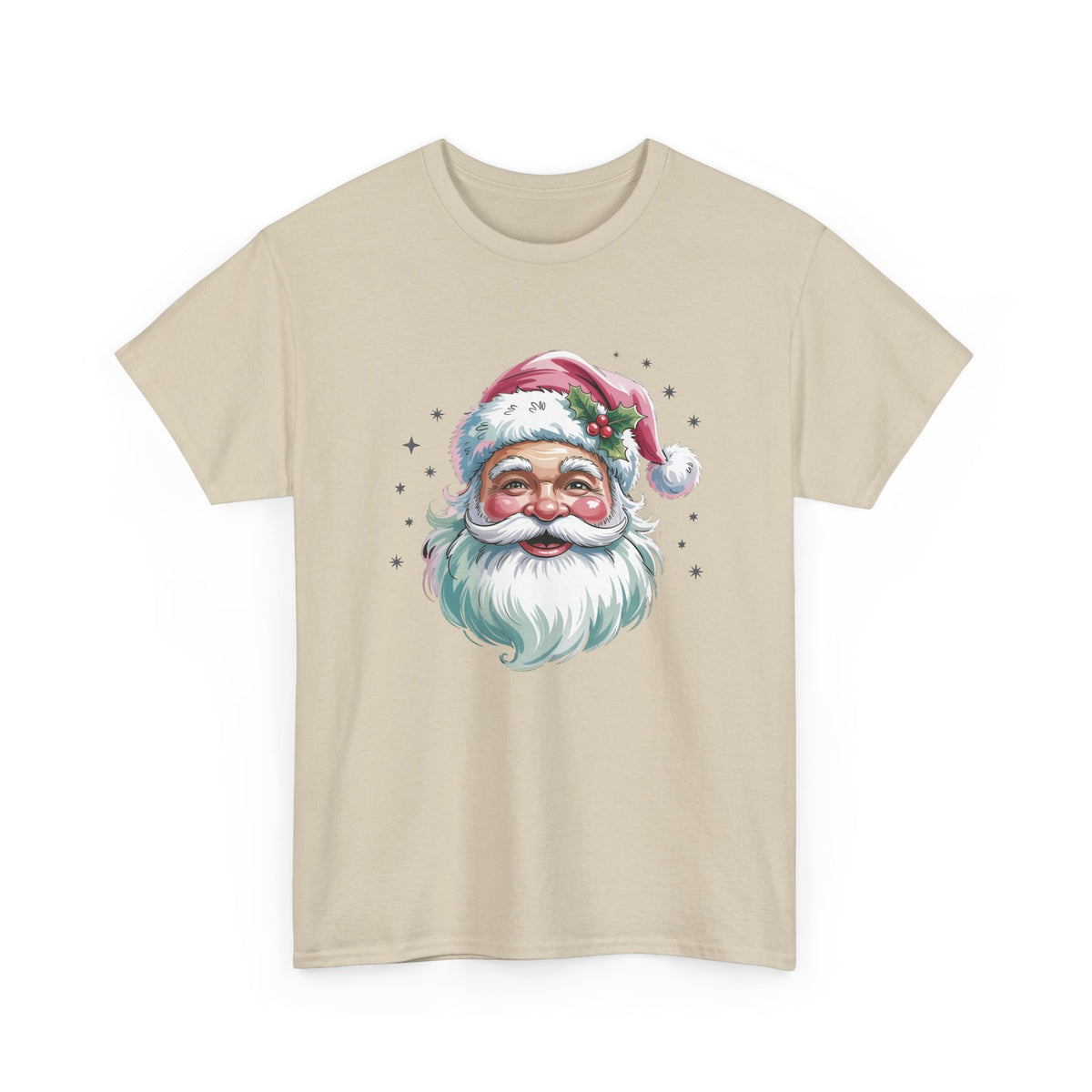Sand Pink Retro Christmas Santa t-shirt with a watercolor Santa face in a pink hat, front view