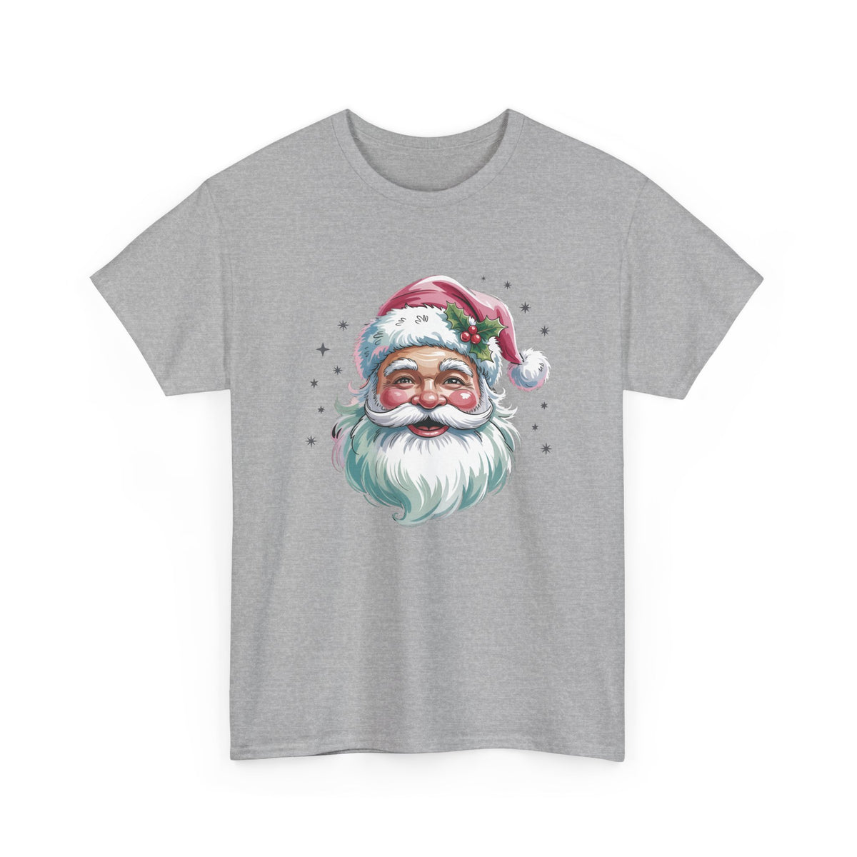 Sport Grey Pink Retro Christmas Santa t-shirt with a watercolor Santa face in a pink hat, front view