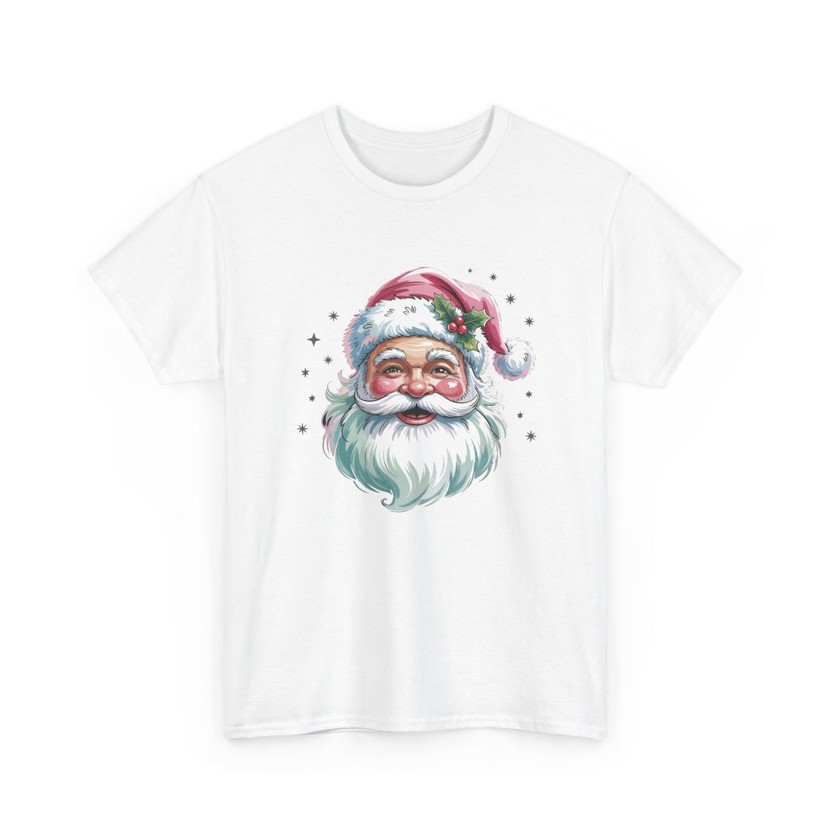 White Pink Retro Christmas Santa t-shirt with a watercolor Santa face in a pink hat, front view