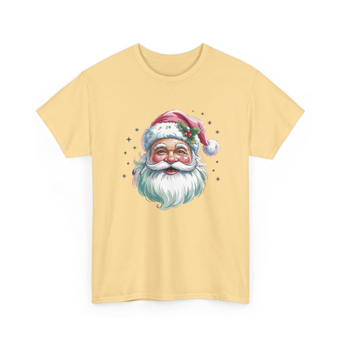 Yellow Haze Pink Retro Christmas Santa t-shirt with a watercolor Santa face in a pink hat, front view