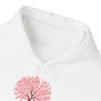 Pink Ribbon Cherry Blossom Tree Hoodie, front collar close-up