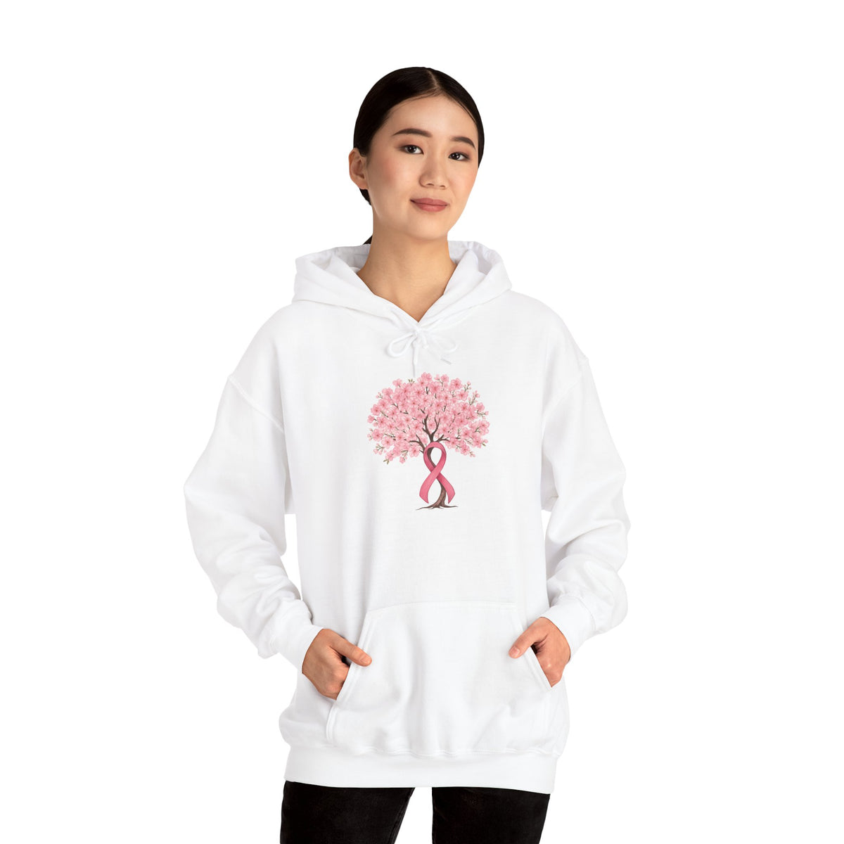 Pink ribbon cherry blossom tree hoodie, additional product view