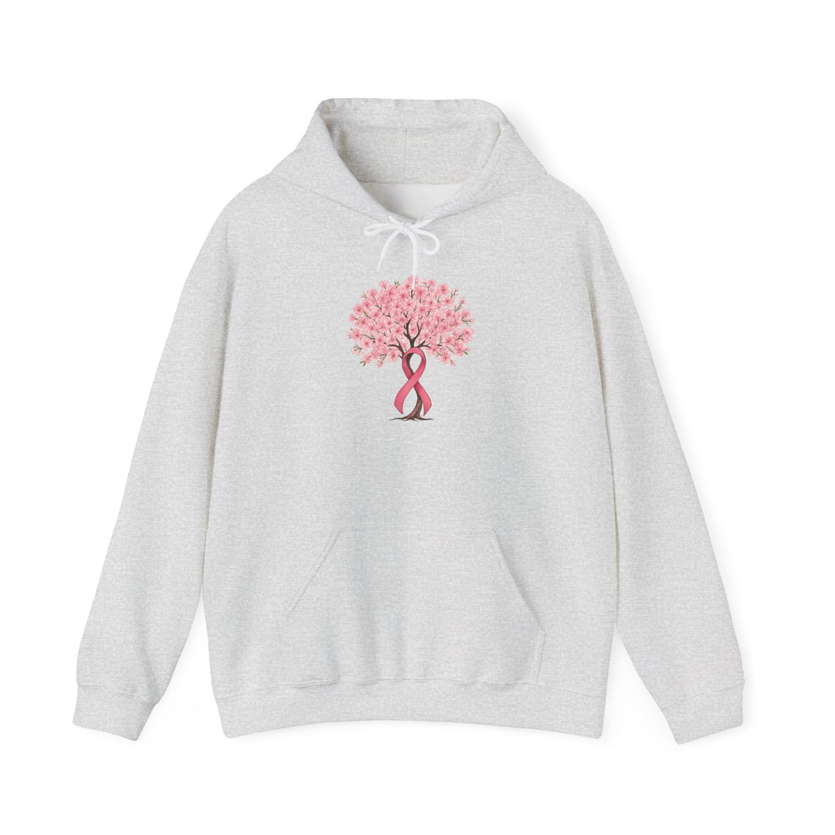 Ash grey cherry blossom tree hoodie with pink ribbon trunk