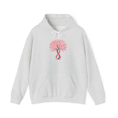 Ash grey cherry blossom tree hoodie with pink ribbon trunk