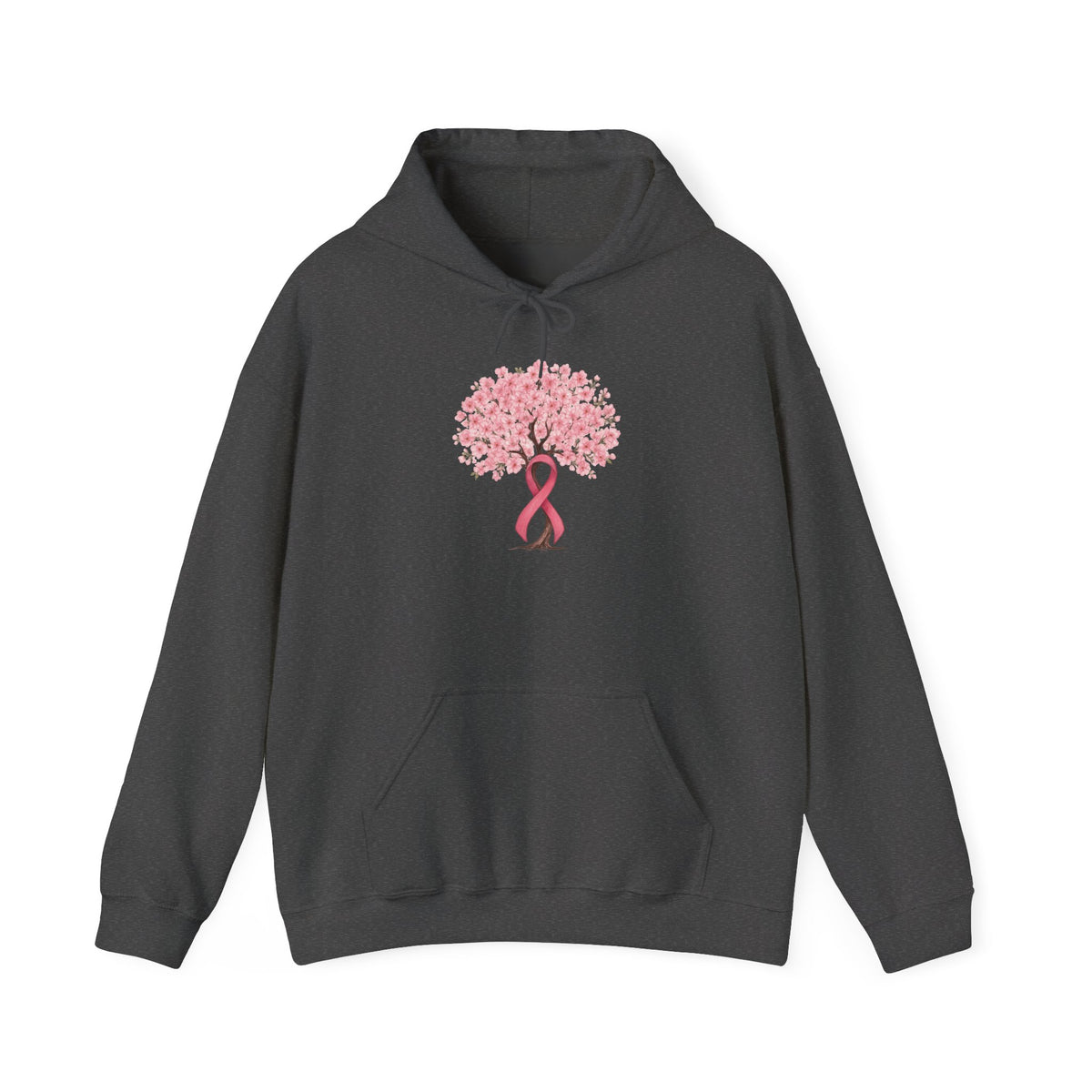 Dark heather cherry blossom tree hoodie with pink ribbon trunk
