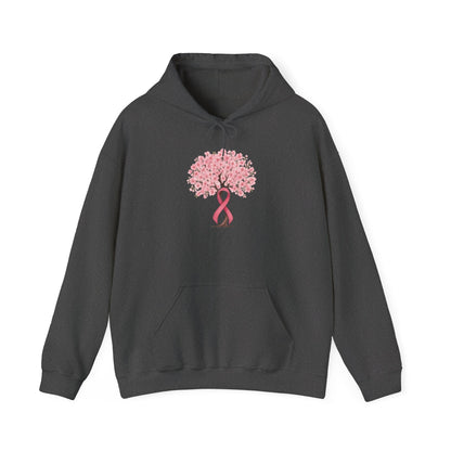 Dark heather cherry blossom tree hoodie with pink ribbon trunk