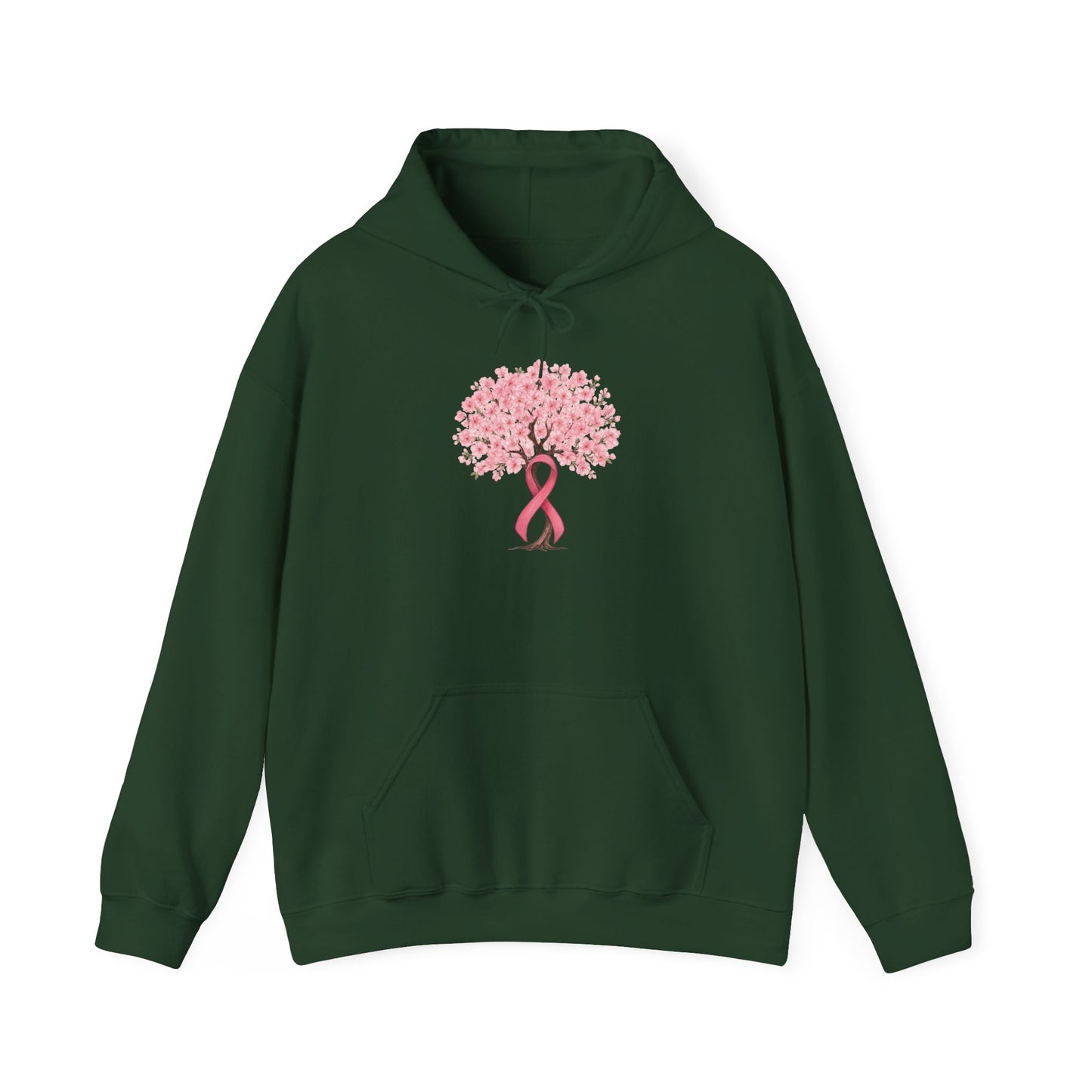 Forest green cherry blossom tree hoodie with pink ribbon trunk