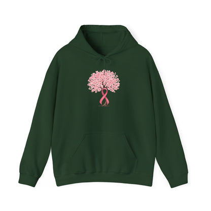 Forest green cherry blossom tree hoodie with pink ribbon trunk