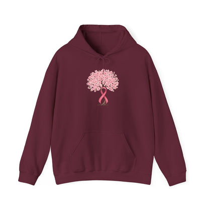 Maroon cherry blossom tree hoodie with pink ribbon trunk