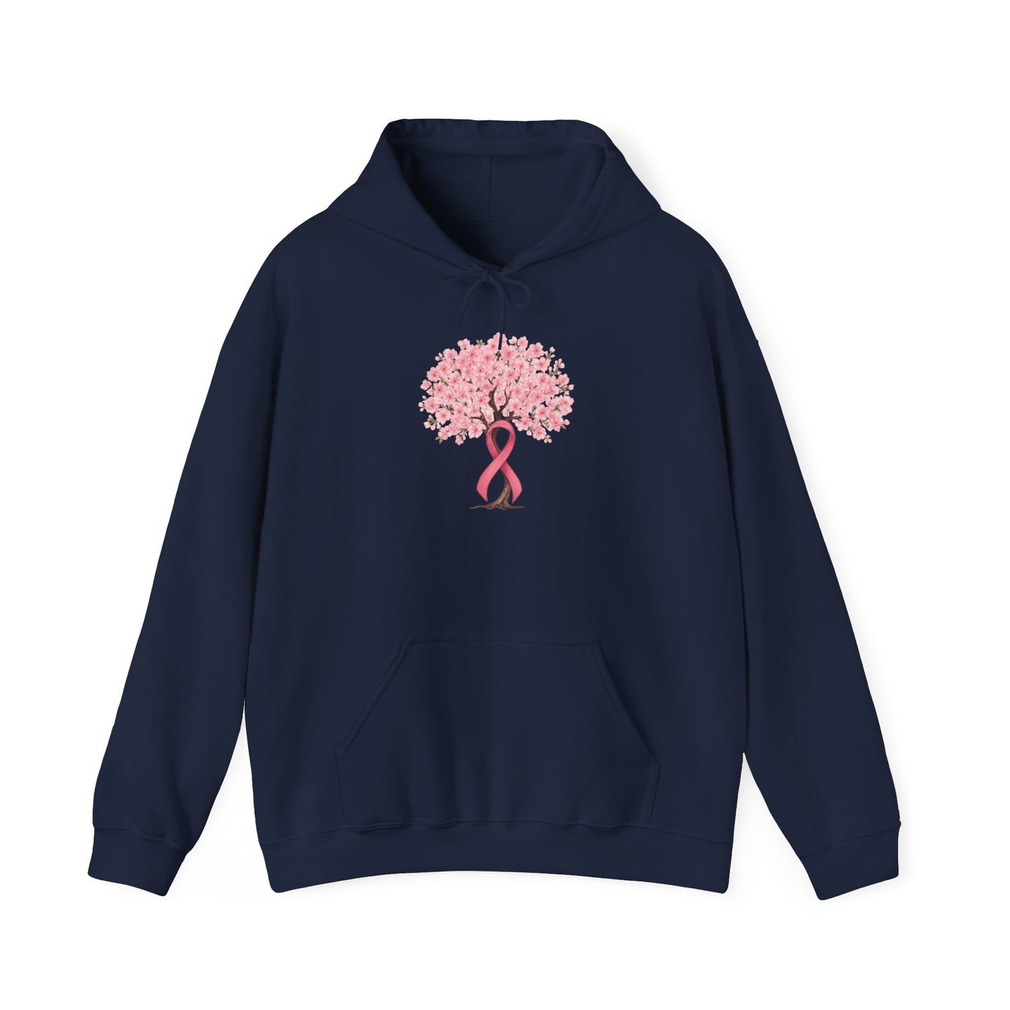 Navy cherry blossom tree hoodie with pink ribbon trunk