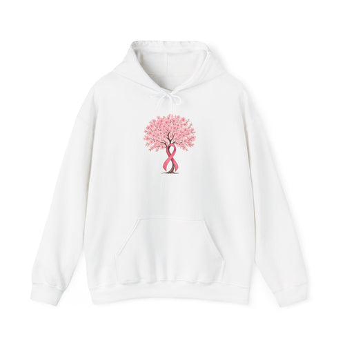 White cherry blossom tree hoodie with pink ribbon trunk