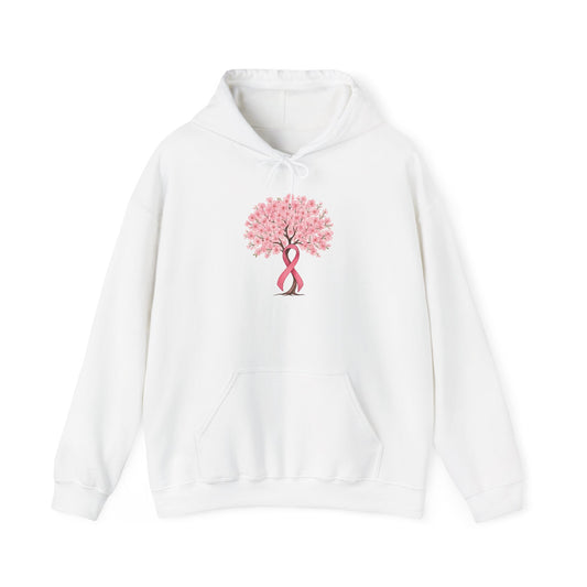 White cherry blossom tree hoodie with pink ribbon trunk