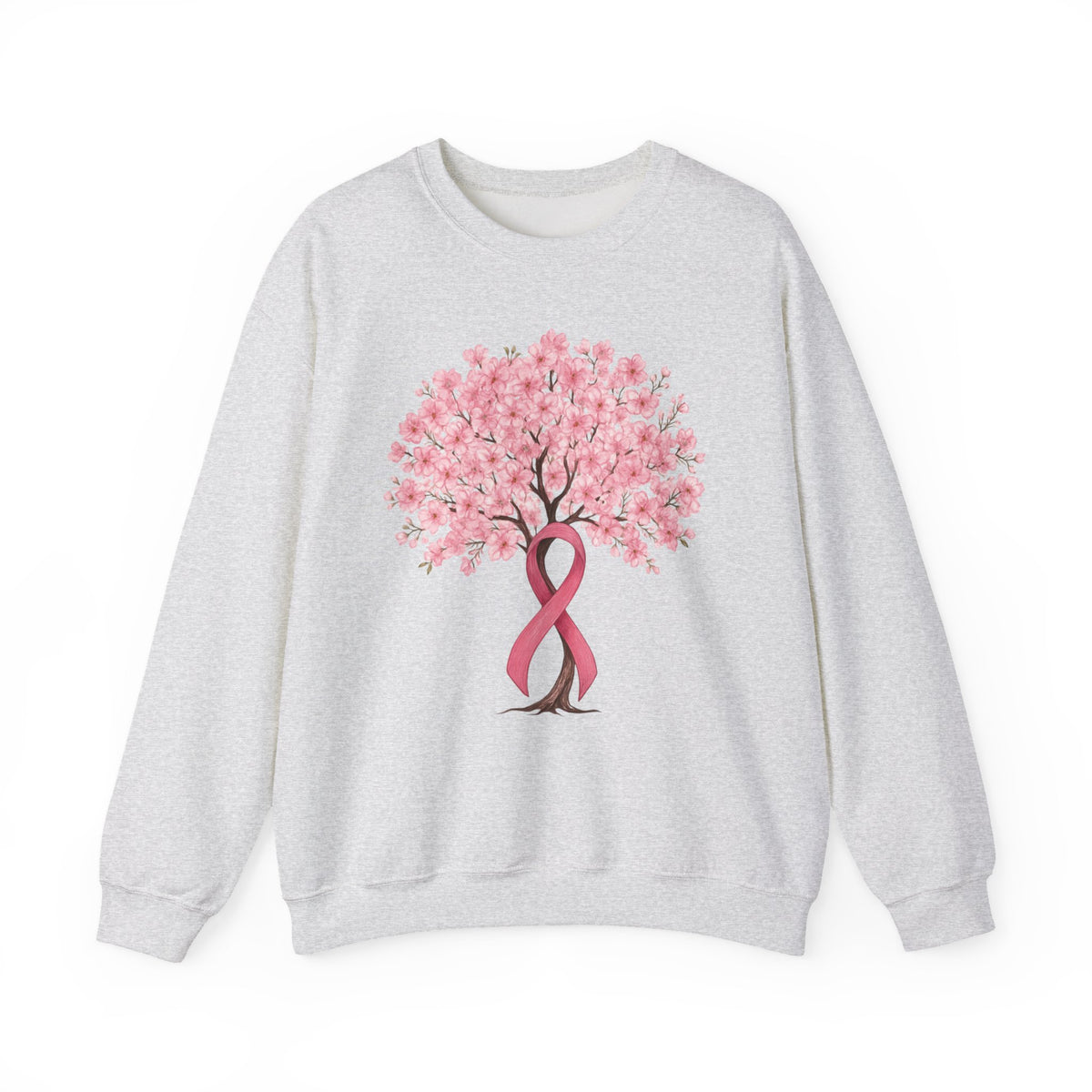 Ash grey cherry blossom tree sweatshirt with pink ribbon trunk