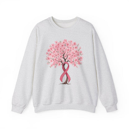 Ash grey cherry blossom tree sweatshirt with pink ribbon trunk