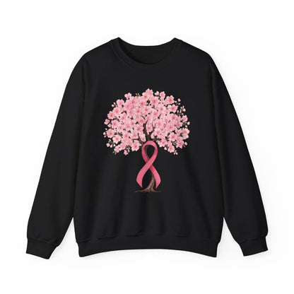 Black cherry blossom tree sweatshirt with pink ribbon trunk