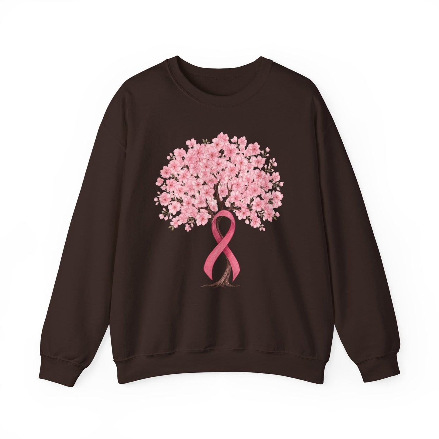 Dark chocolate cherry blossom tree sweatshirt with pink ribbon trunk