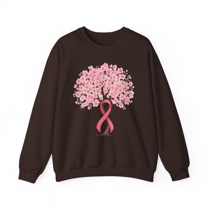 Dark chocolate cherry blossom tree sweatshirt with pink ribbon trunk