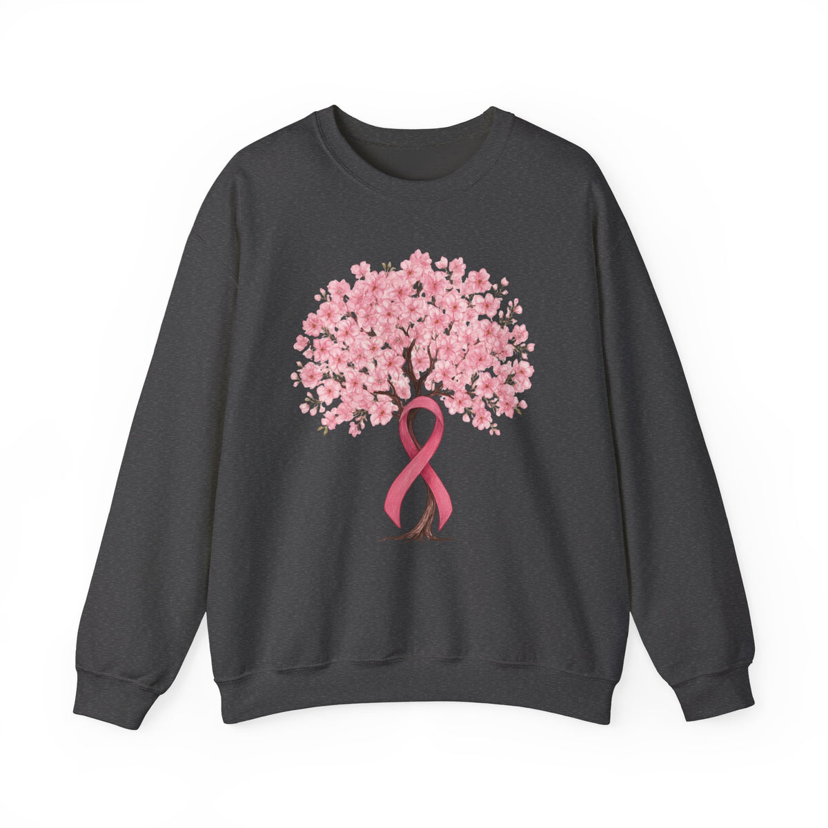Dark heather cherry blossom tree sweatshirt with pink ribbon trunk