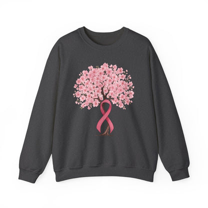 Dark heather cherry blossom tree sweatshirt with pink ribbon trunk