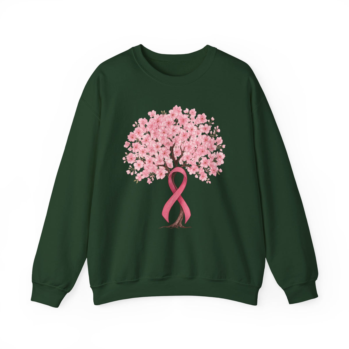 Forest green cherry blossom tree sweatshirt with pink ribbon trunk