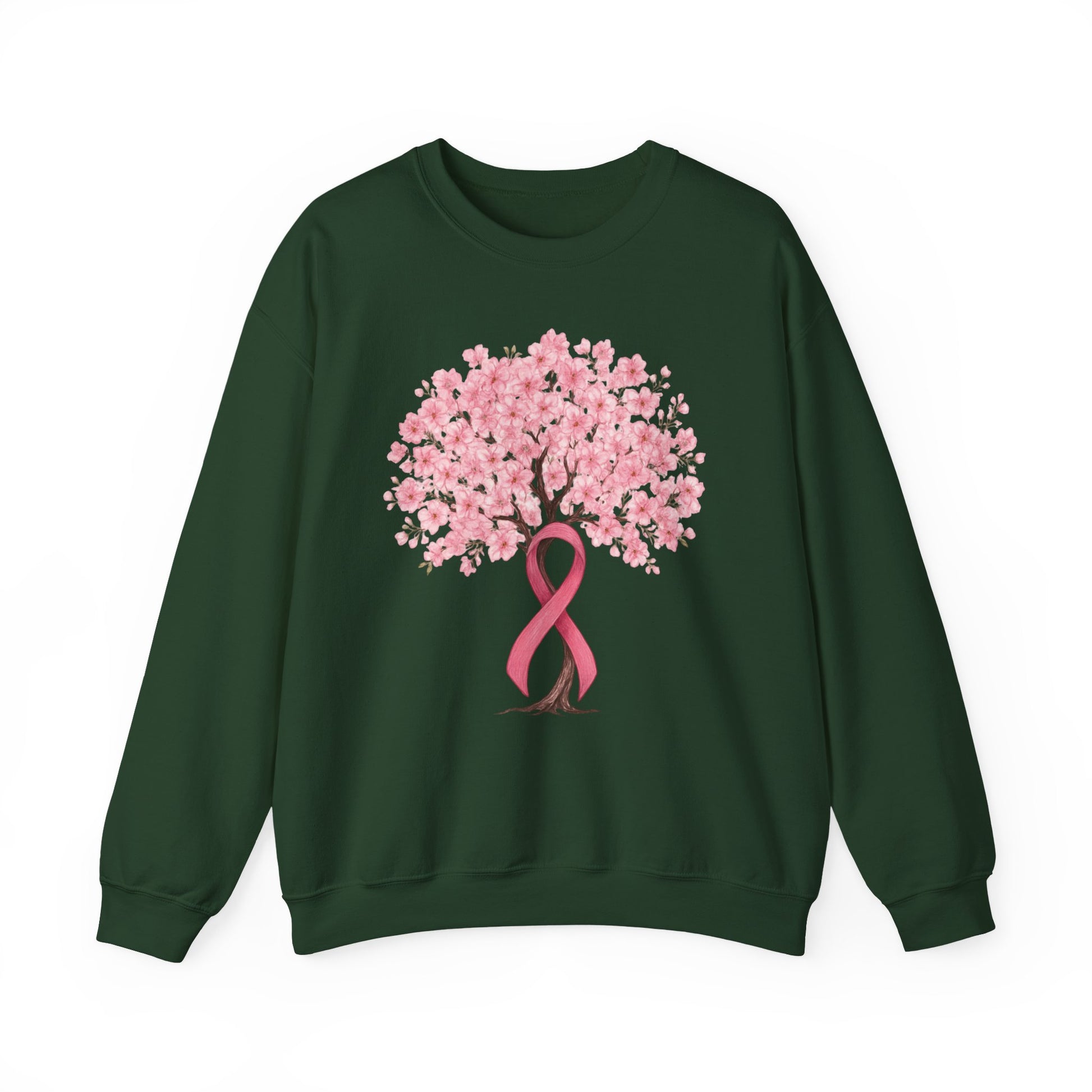 Forest green cherry blossom tree sweatshirt with pink ribbon trunk