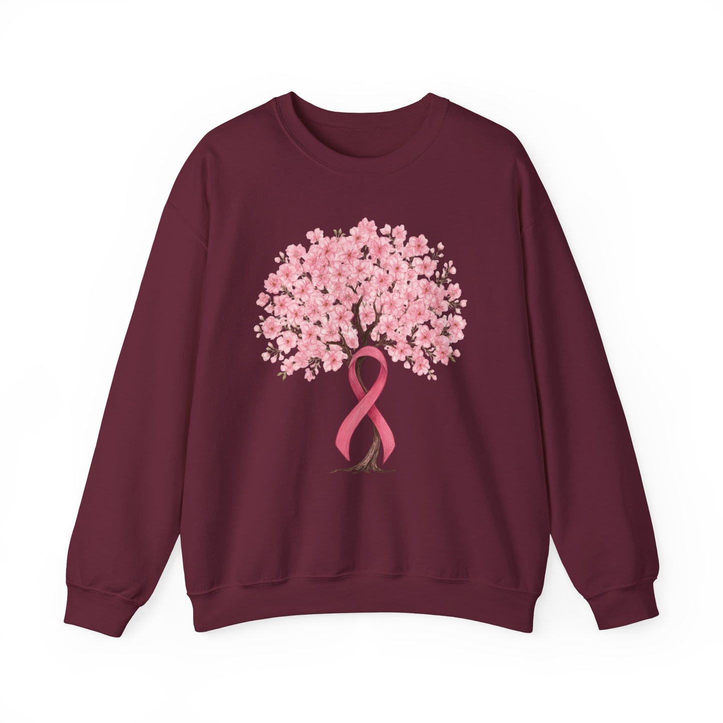 Maroon cherry blossom tree sweatshirt with pink ribbon trunk