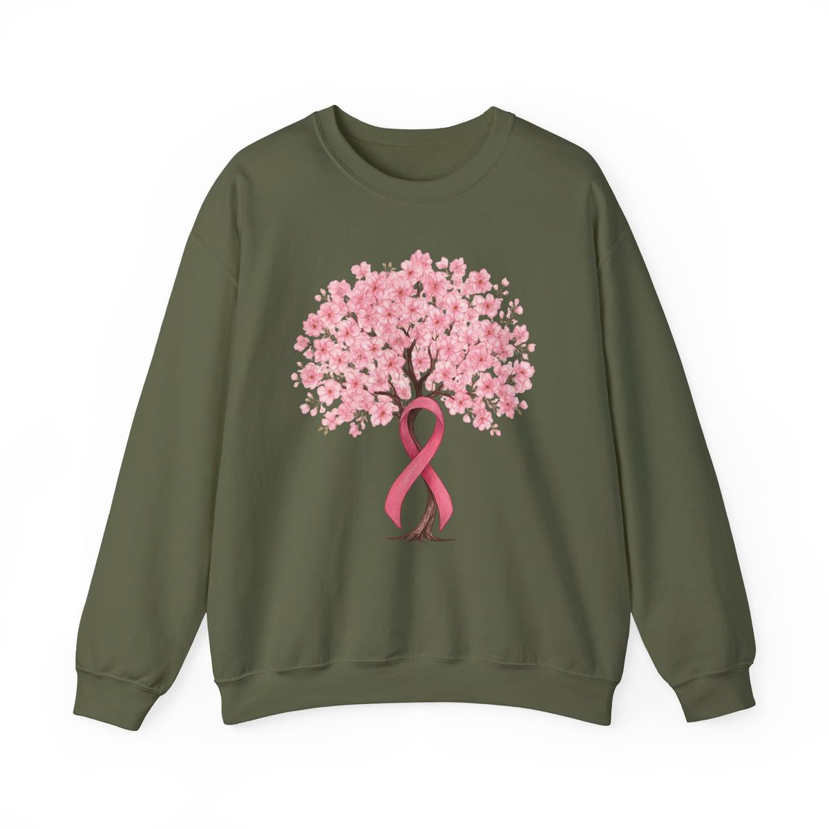 Military green cherry blossom tree sweatshirt with pink ribbon trunk