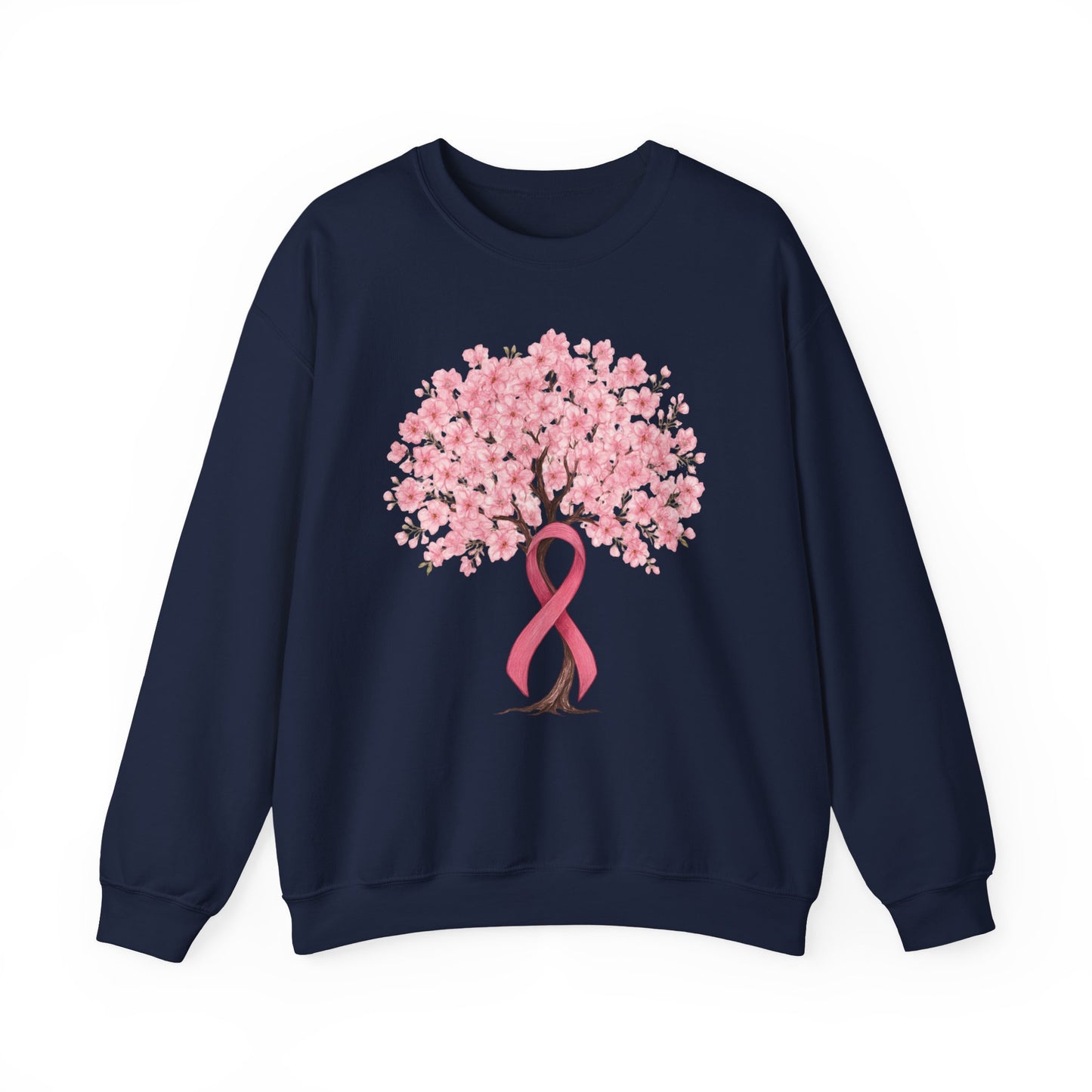 Navy cherry blossom tree sweatshirt with pink ribbon trunk