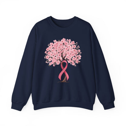 Navy cherry blossom tree sweatshirt with pink ribbon trunk