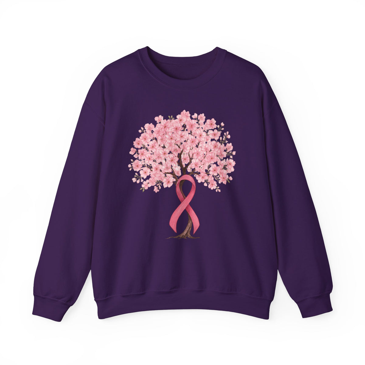Purple cherry blossom tree sweatshirt with pink ribbon trunk