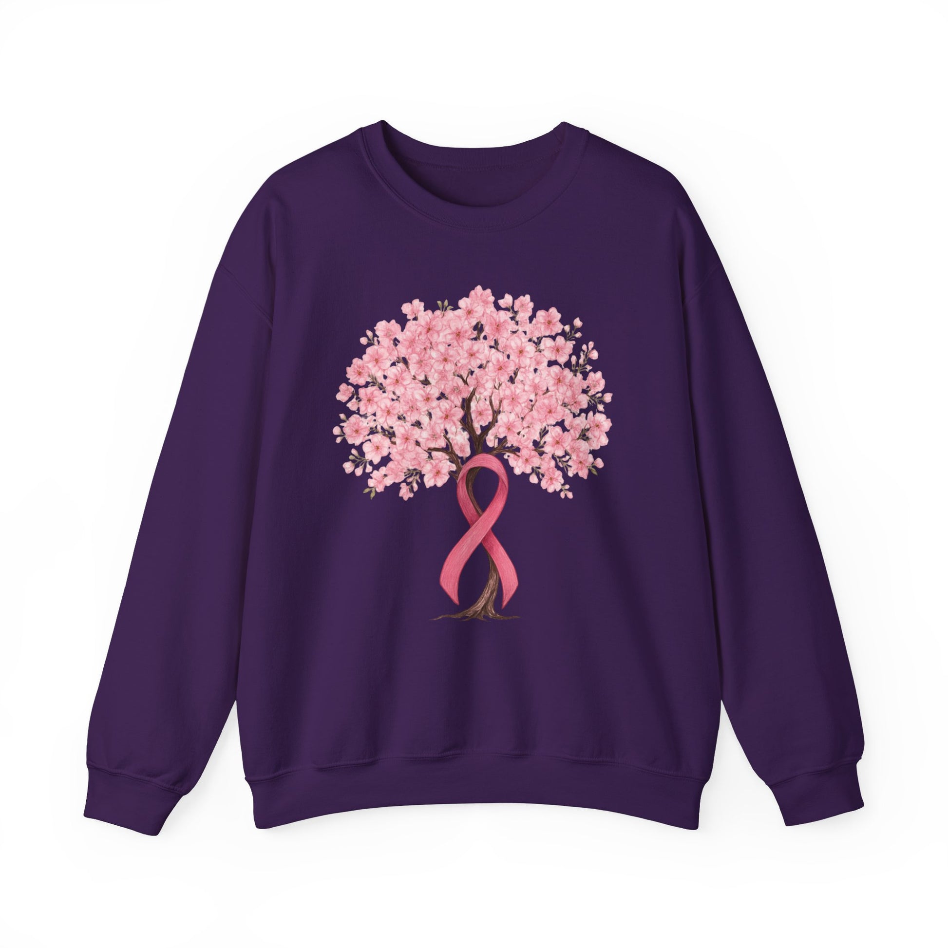Purple cherry blossom tree sweatshirt with pink ribbon trunk