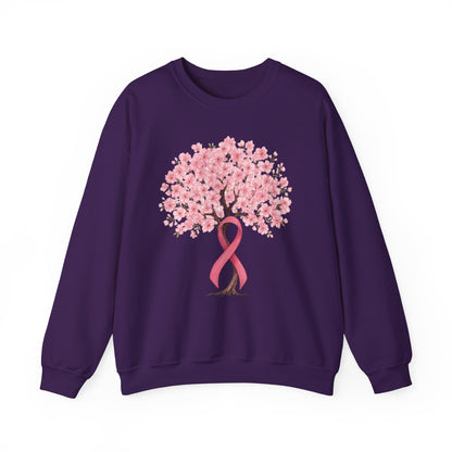 Purple cherry blossom tree sweatshirt with pink ribbon trunk