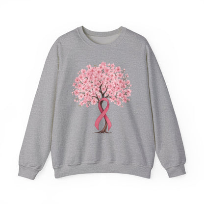 Sport grey cherry blossom tree sweatshirt with pink ribbon trunk