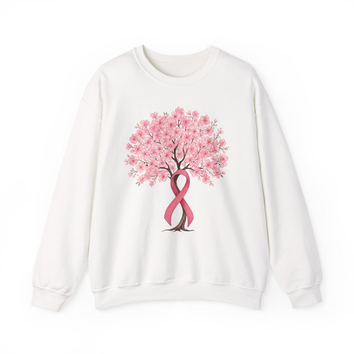 White cherry blossom tree sweatshirt with pink ribbon trunk