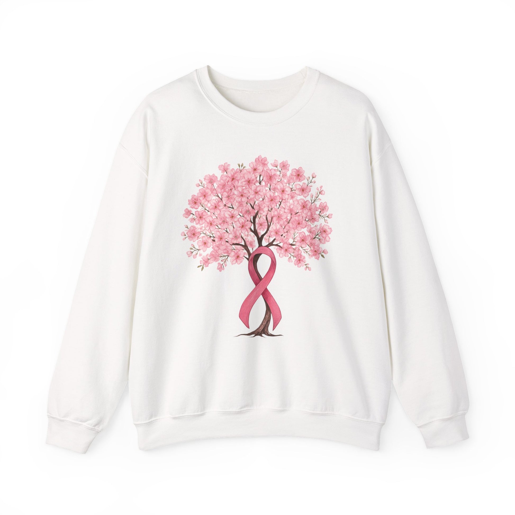 White cherry blossom tree sweatshirt with pink ribbon trunk